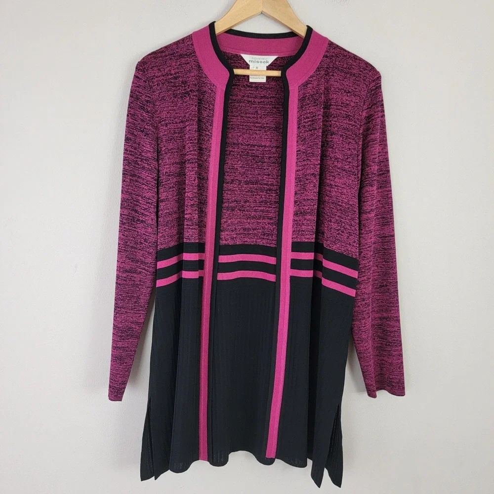 Misook Magenta Black Knit Cardigan Long Sleeve Open Front Striped